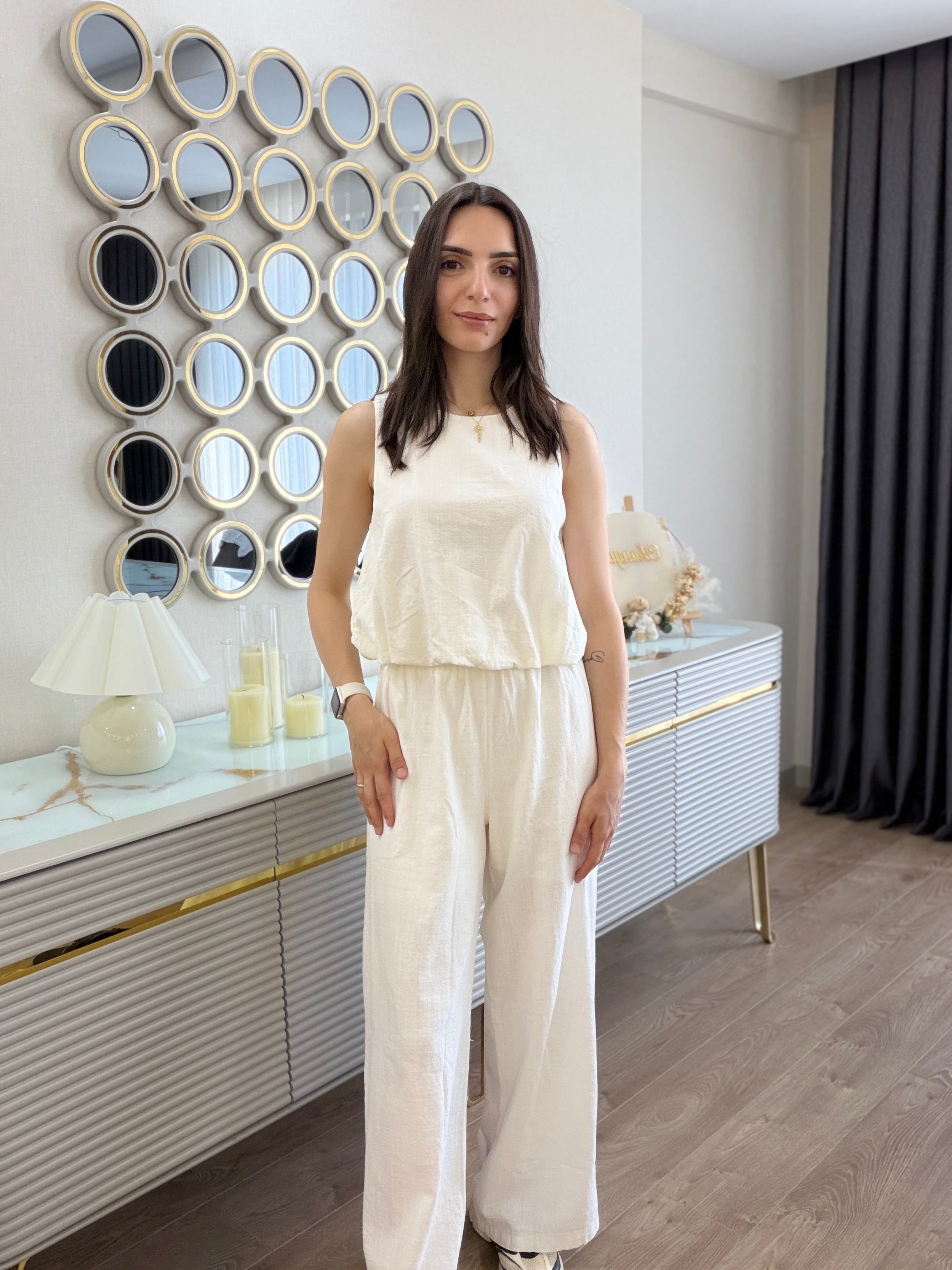 Balon Model Keten Pantolon Bluz Takım