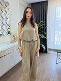 Haki Balon Model Keten Pantolon Bluz Takım