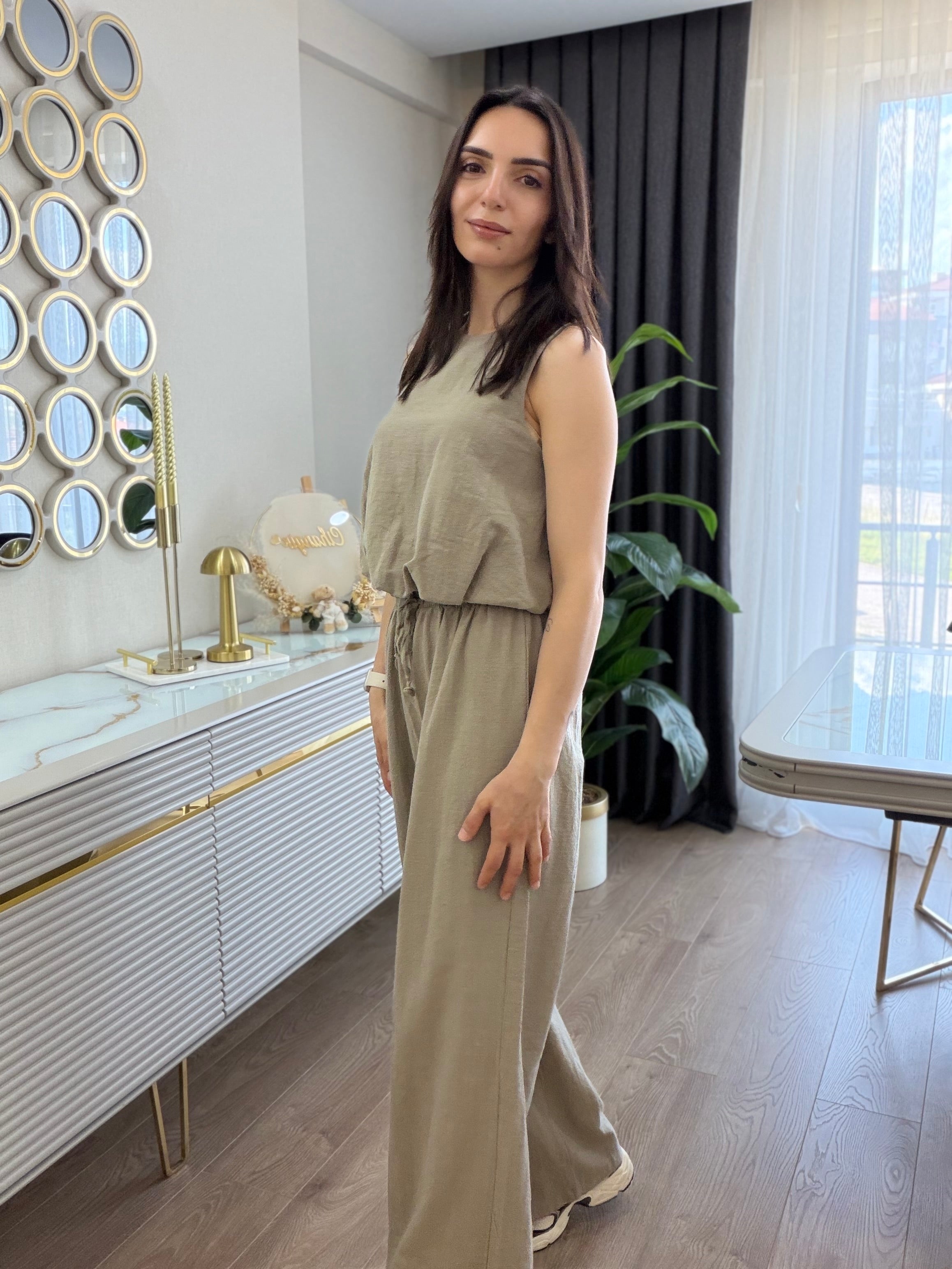 Haki Balon Model Keten Pantolon Bluz Takım
