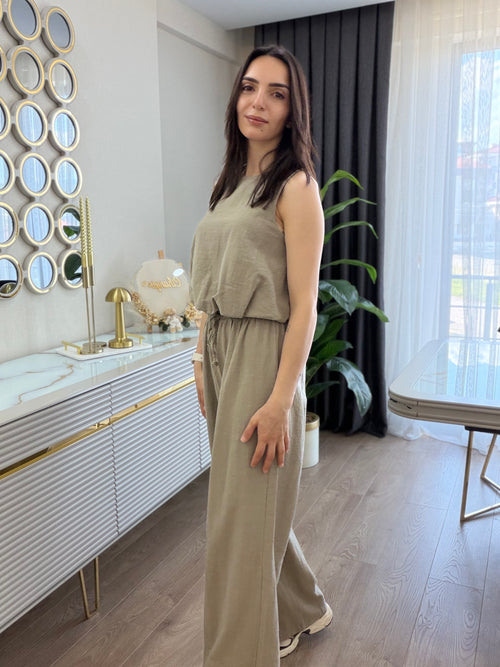 Haki Balon Model Keten Pantolon Bluz Takım
