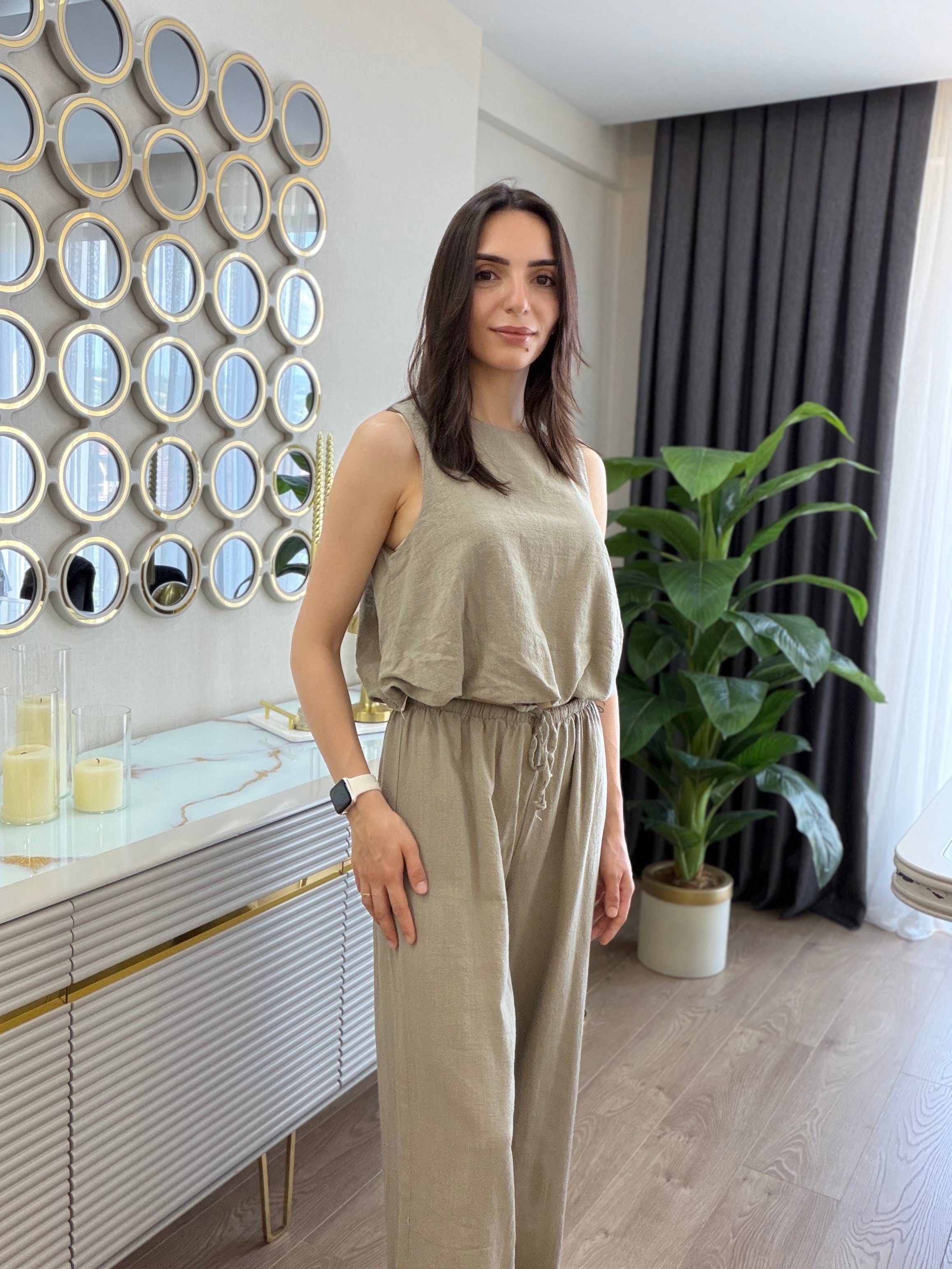 Haki Balon Model Keten Pantolon Bluz Takım