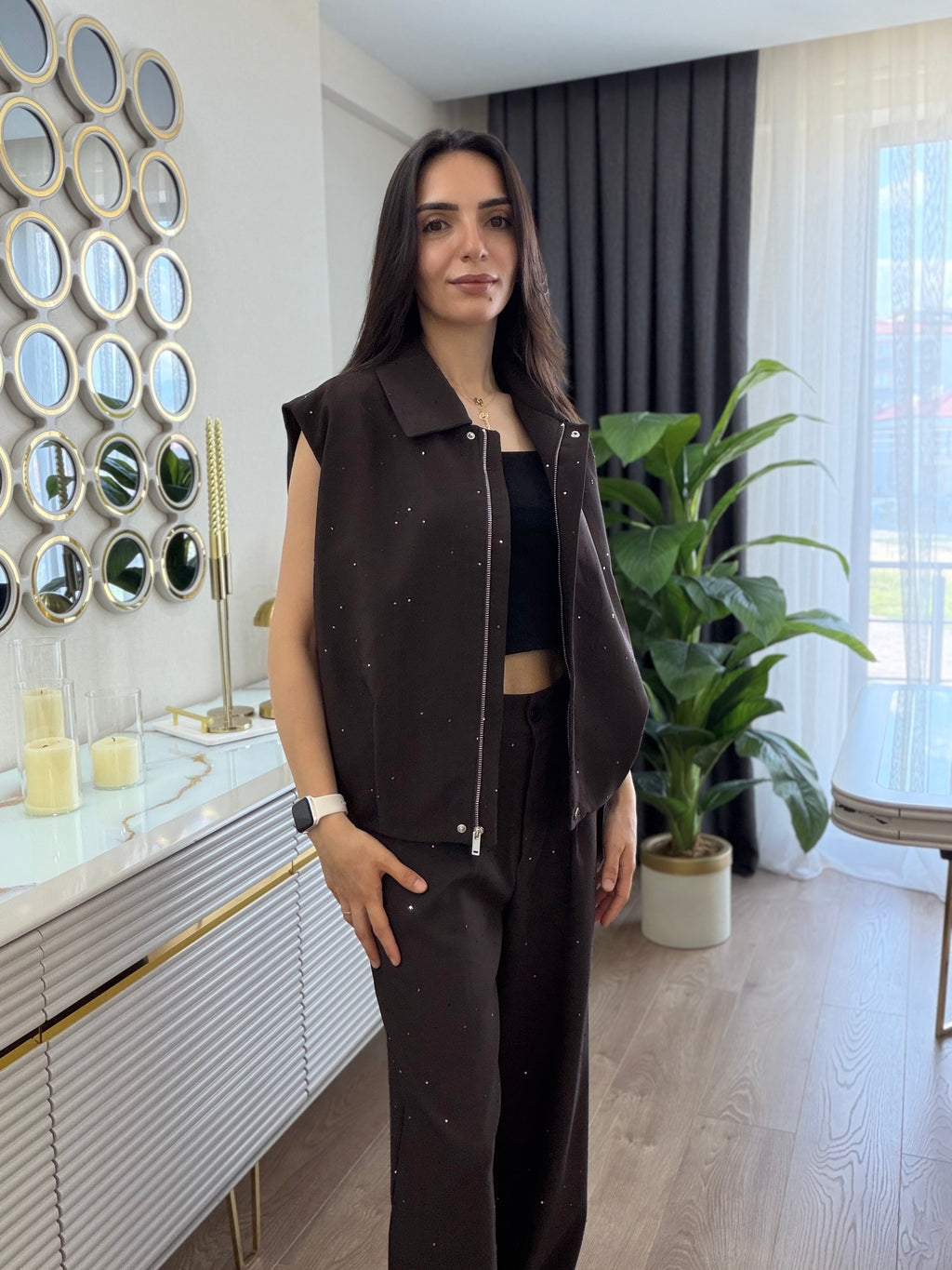 Pul Detay yelek pantolon takım